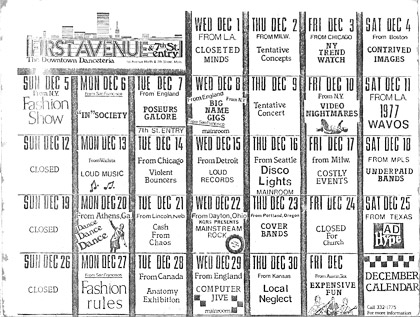 One of a series of mock First Avenue calendars; circa 1983