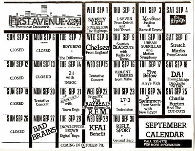 Sep 1982 1st Av calendar featuring The Difference and Dancing In The Dark